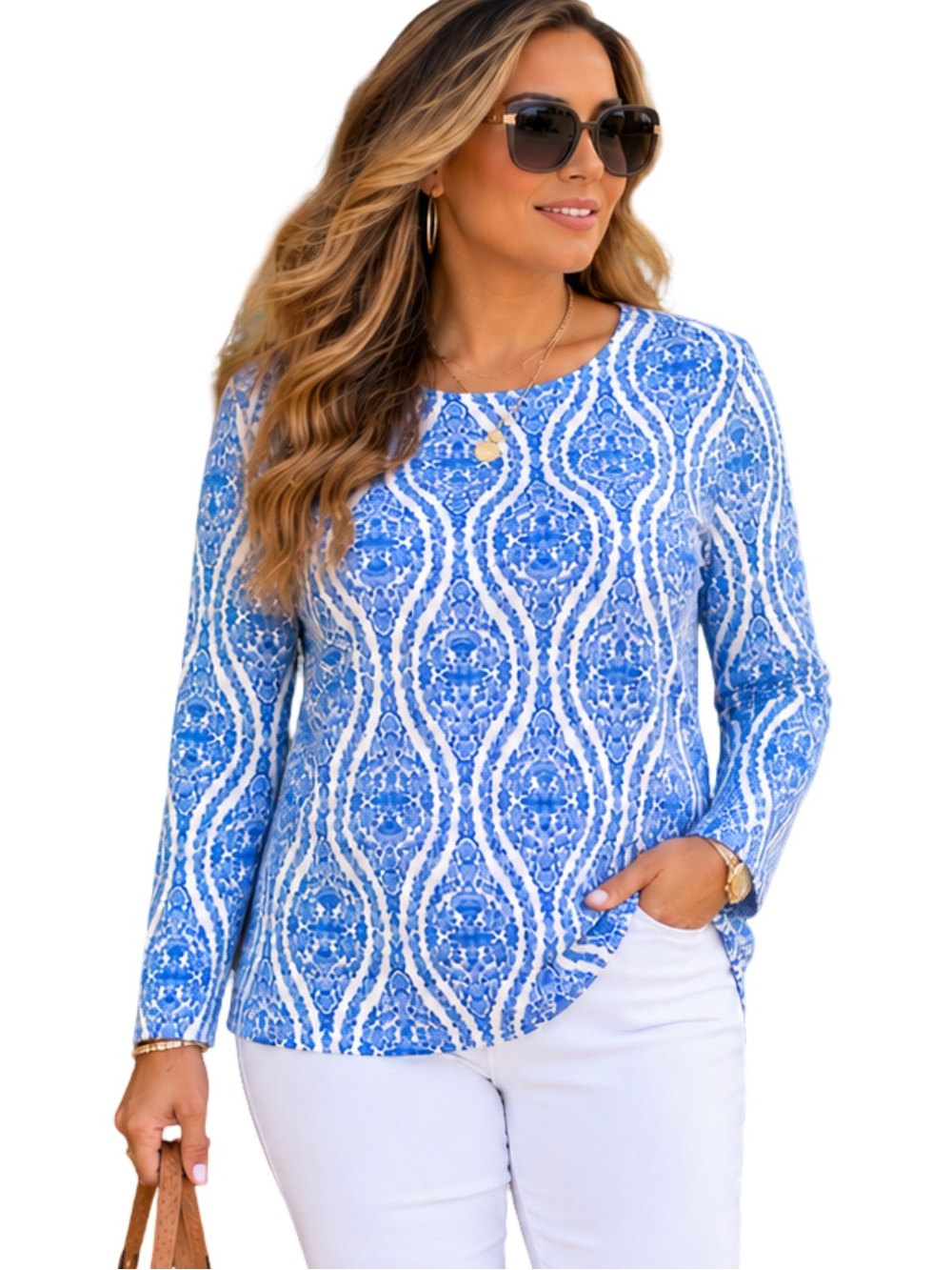 Croft & Barrow Blue White Medallion Print Long Sleeve Top Medium